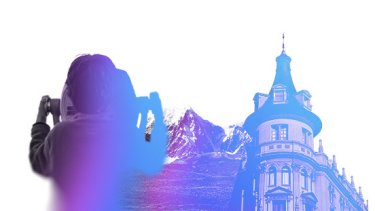 IBTM branded blue building with child looking through binoculars