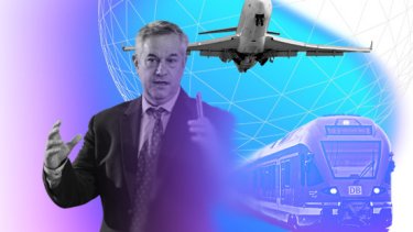 Man in front of IBTM World blue branded plane and train